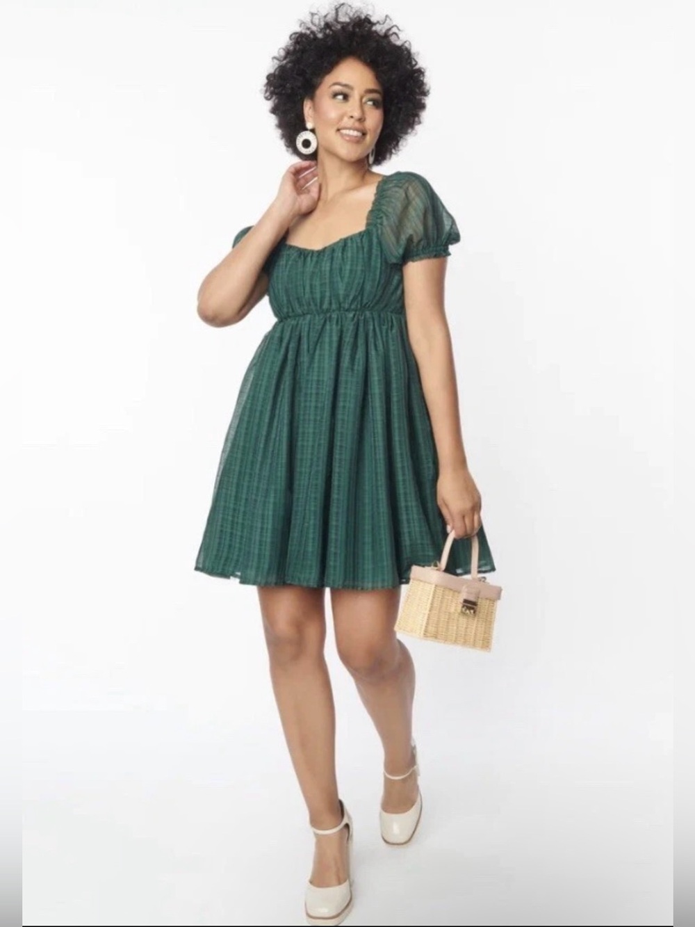 NWT Unique vintage emerald green tartan plan babydoll dress 4 retro puff sleeve